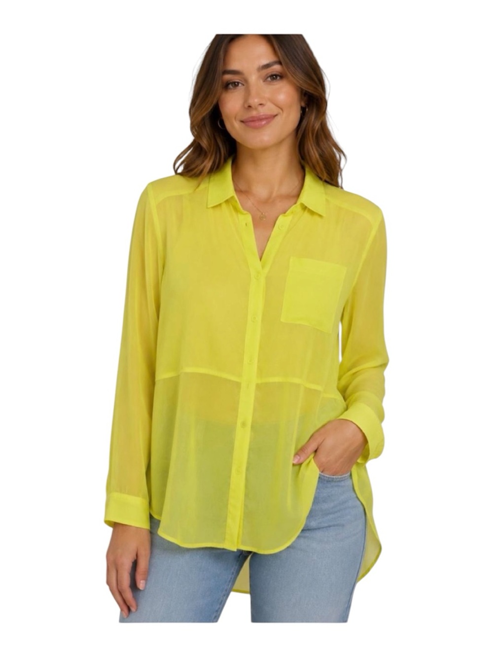 Free People Neon Yellow Sheer High/Low Button Front Blouse Size Medium